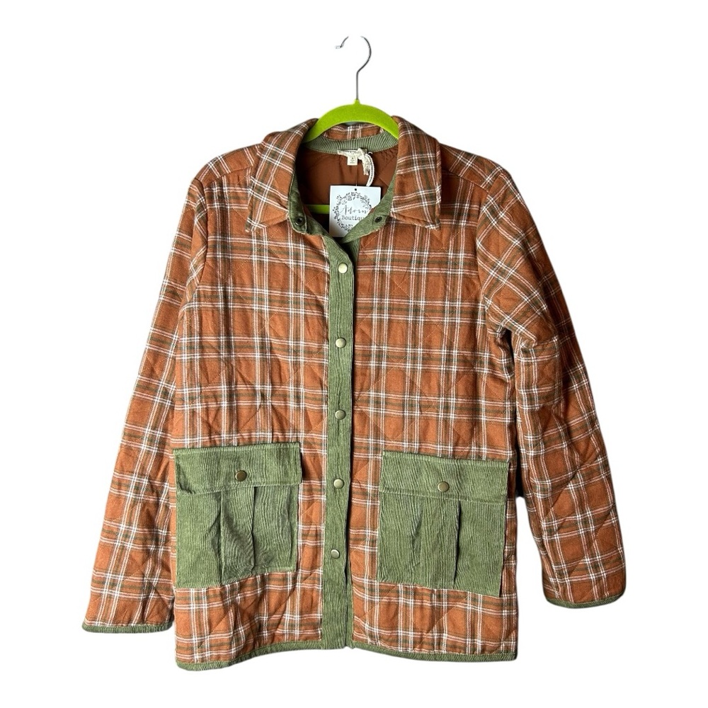 Hem & Thread Women's Rust Plaid Olive Quilted Jacket Oversized Medium - Picture 9 of 10